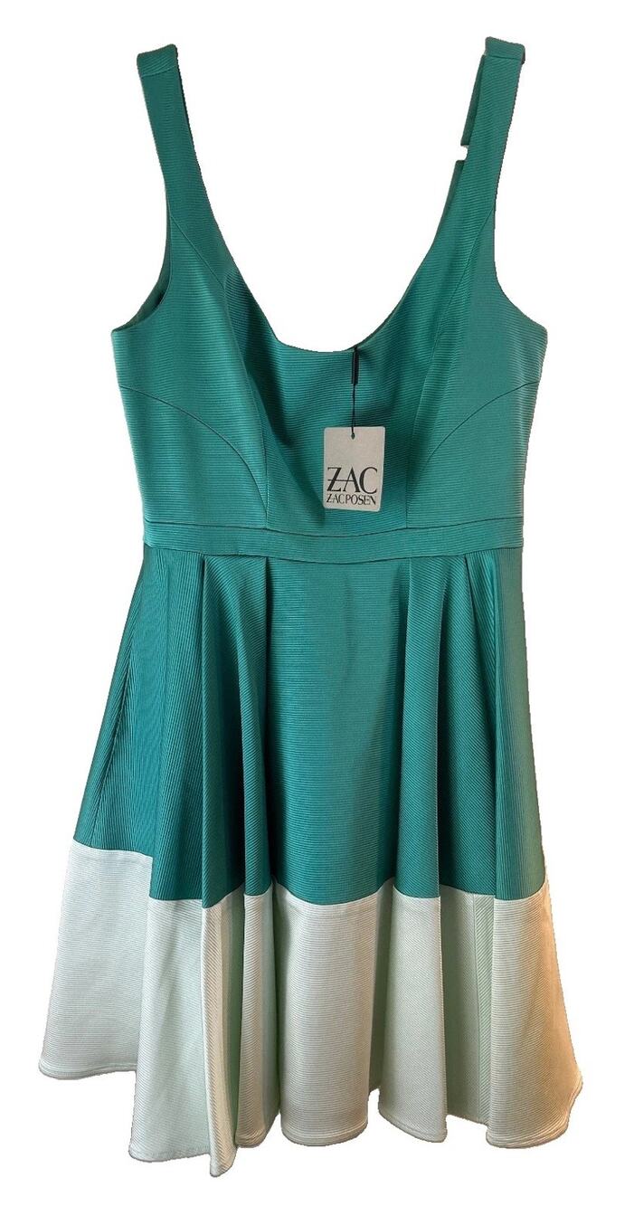 NWT ZAC Zac Posen Fit Flare Dress Teal White Colorblock Made USA Size 8
